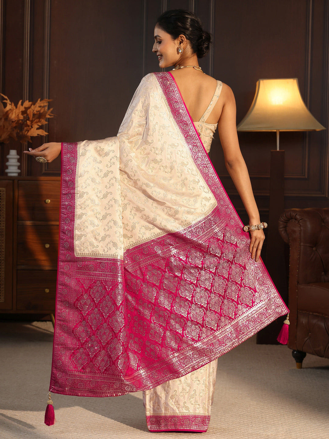  Libas Cream and Rani Pink Woven Design Satin Saree 