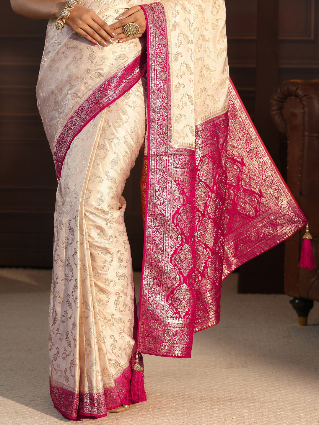  Libas Cream and Rani Pink Woven Design Satin Saree 