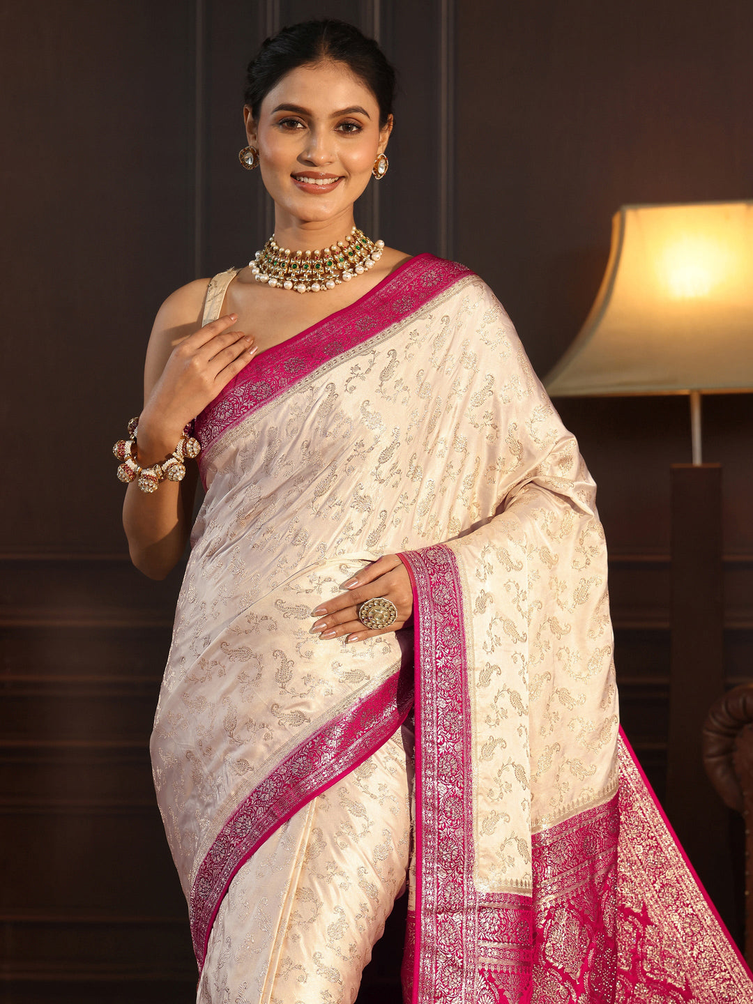  Libas Cream and Rani Pink Woven Design Satin Saree 
