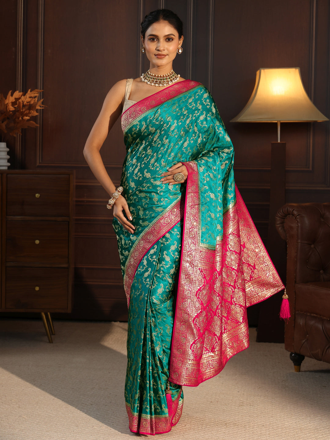  Libas Green and Pink Woven Design Satin Saree with Embellished Pallu 
