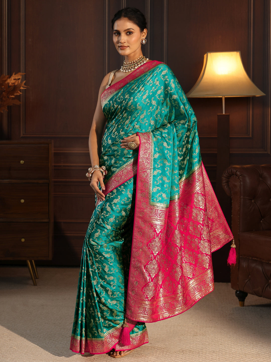  Libas Green and Pink Woven Design Satin Saree with Embellished Pallu 