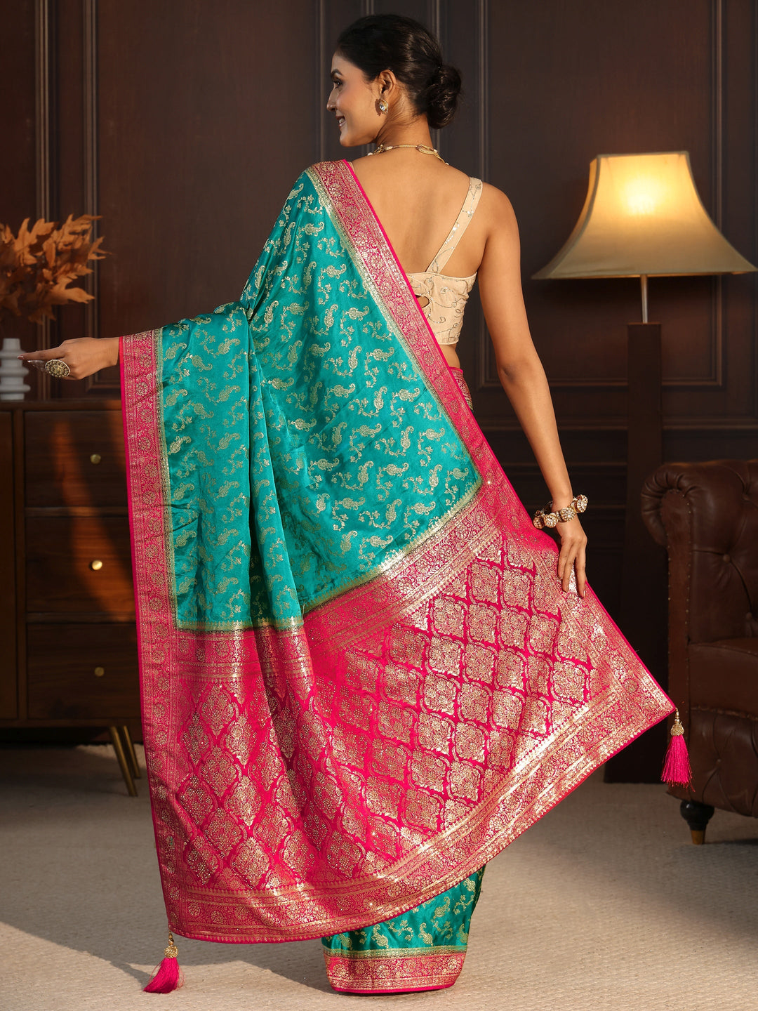  Libas Green and Pink Woven Design Satin Saree with Embellished Pallu 