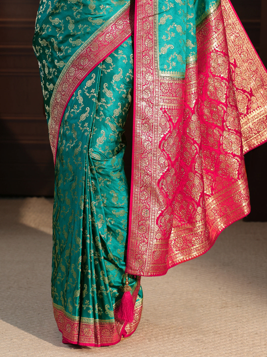  Libas Green and Pink Woven Design Satin Saree with Embellished Pallu 