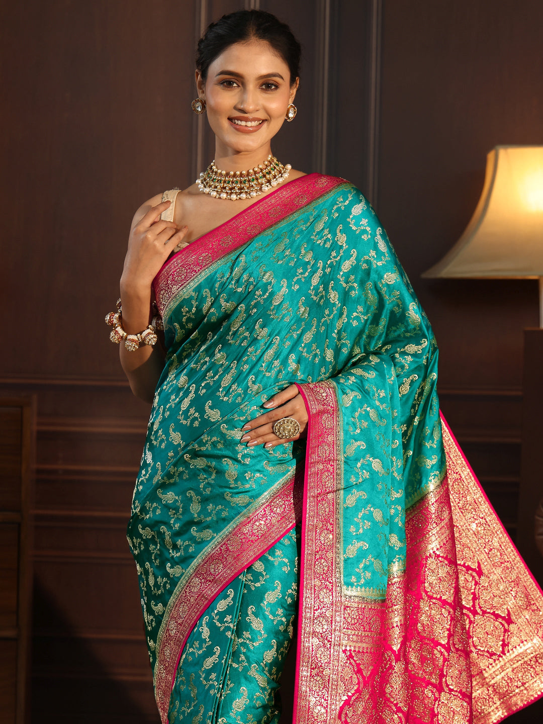  Libas Green and Pink Woven Design Satin Saree with Embellished Pallu 