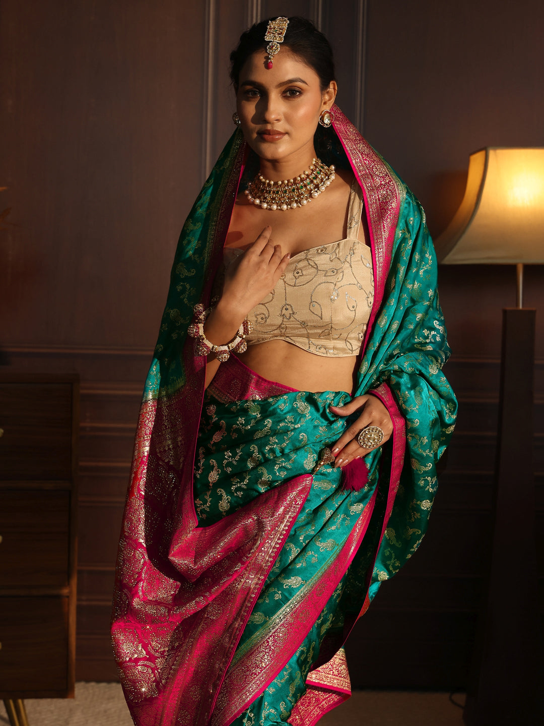  Libas Green and Pink Woven Design Satin Saree with Embellished Pallu 