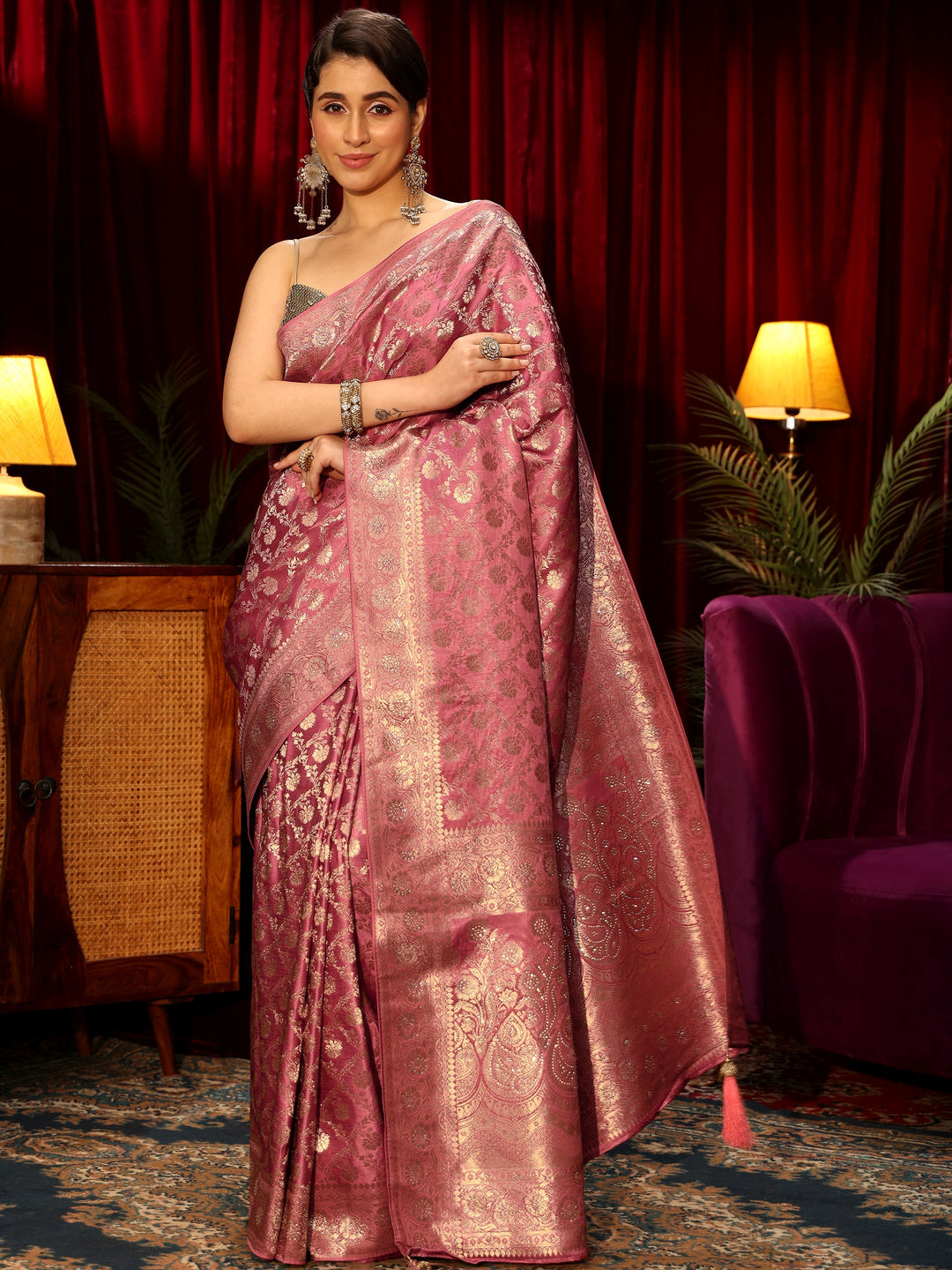  Libas Peach Pink Embellished Floral Designs Brocade Saree 