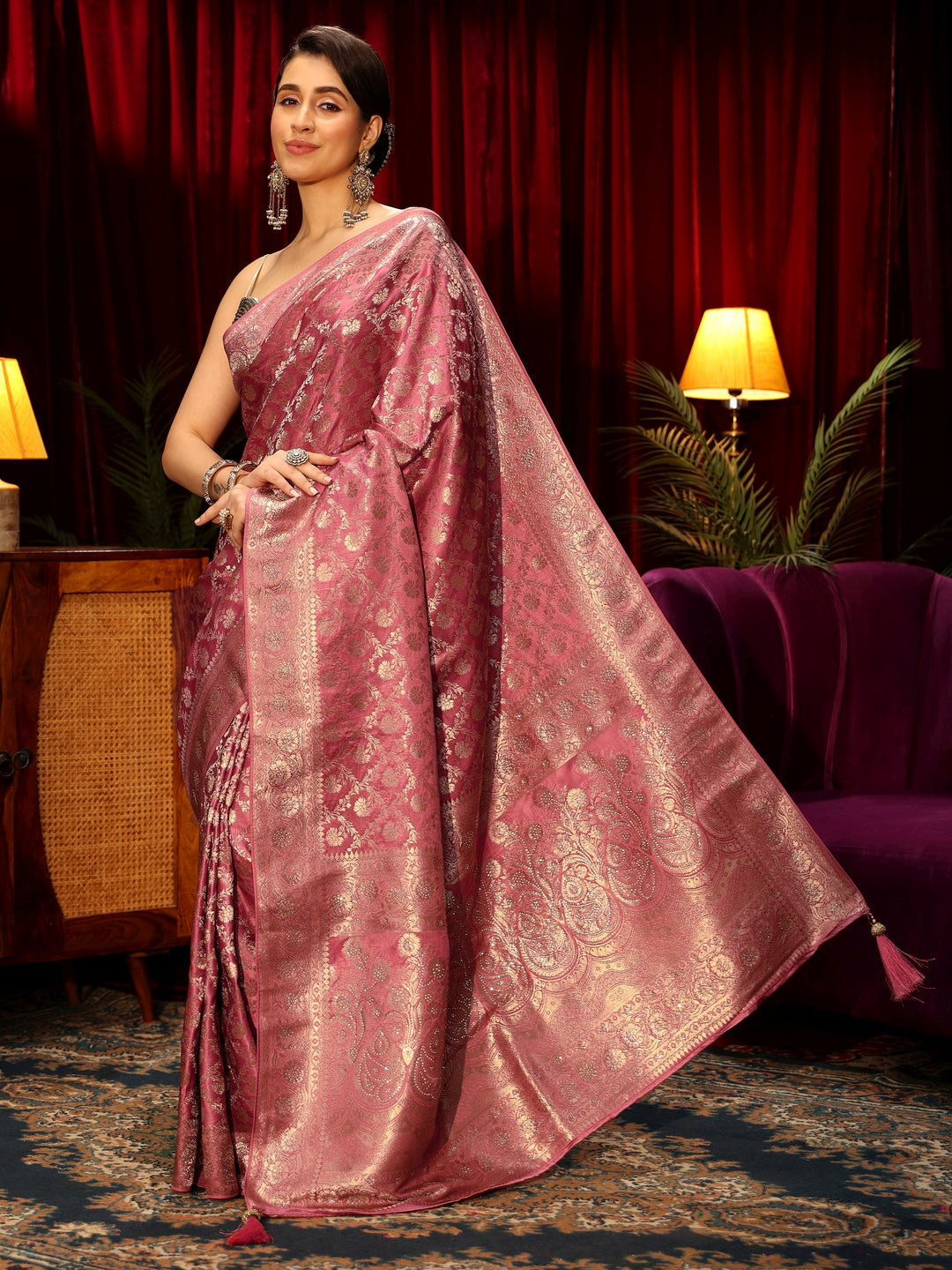  Libas Peach Pink Embellished Floral Designs Brocade Saree 