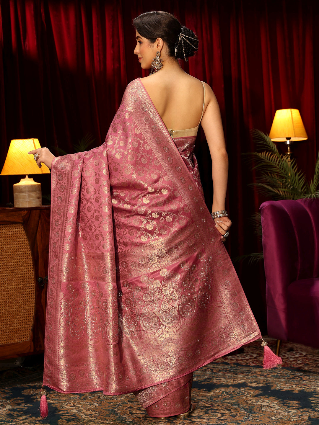  Libas Peach Pink Embellished Floral Designs Brocade Saree 
