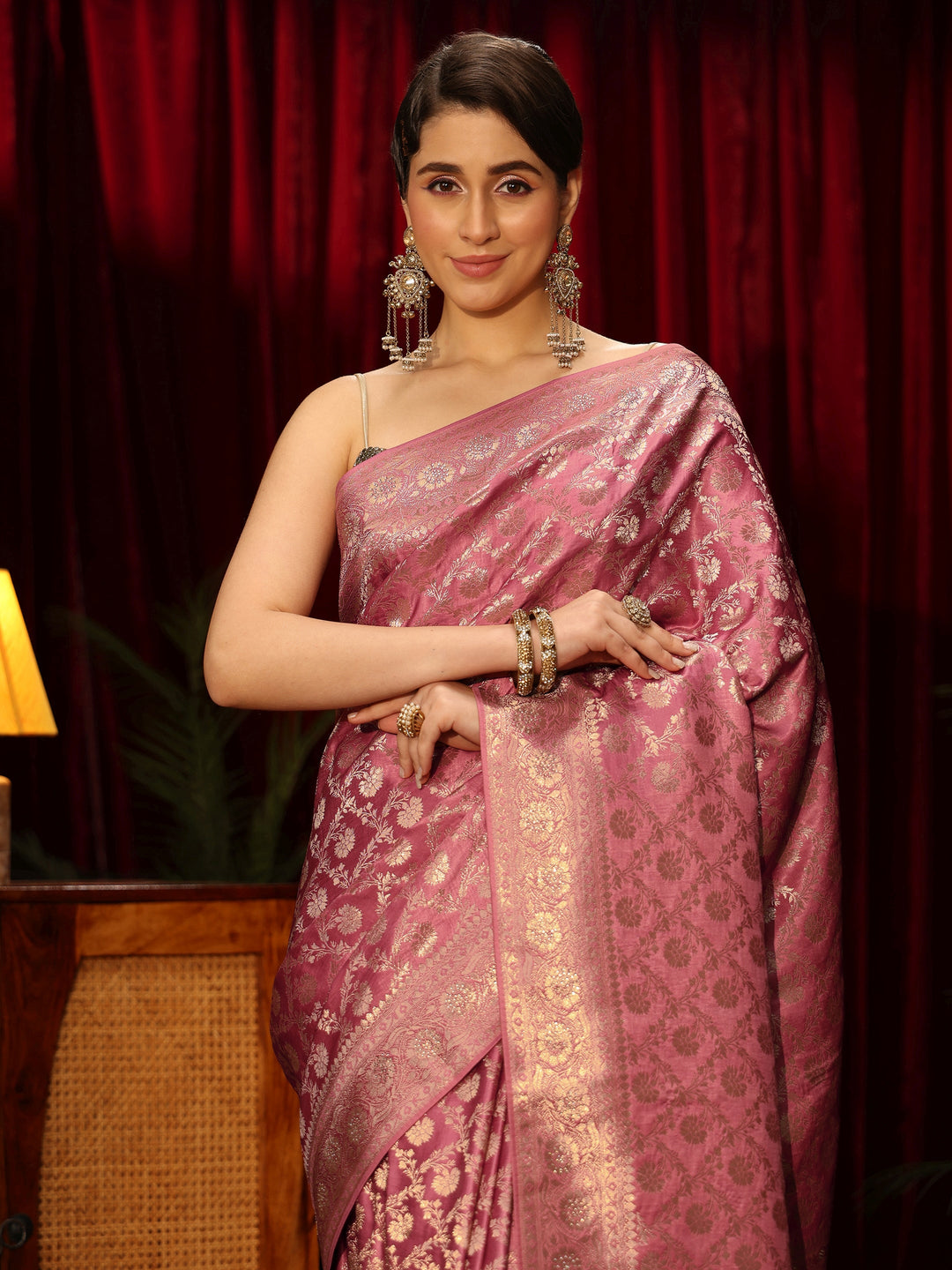  Libas Peach Pink Embellished Floral Designs Brocade Saree 