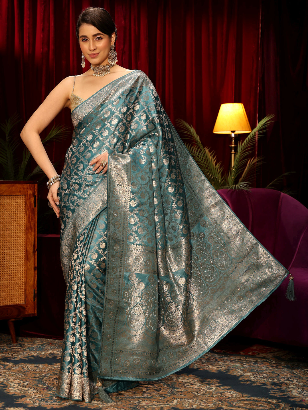  Libas Dusty Blue Embellished Floral Designs Brocade Saree 
