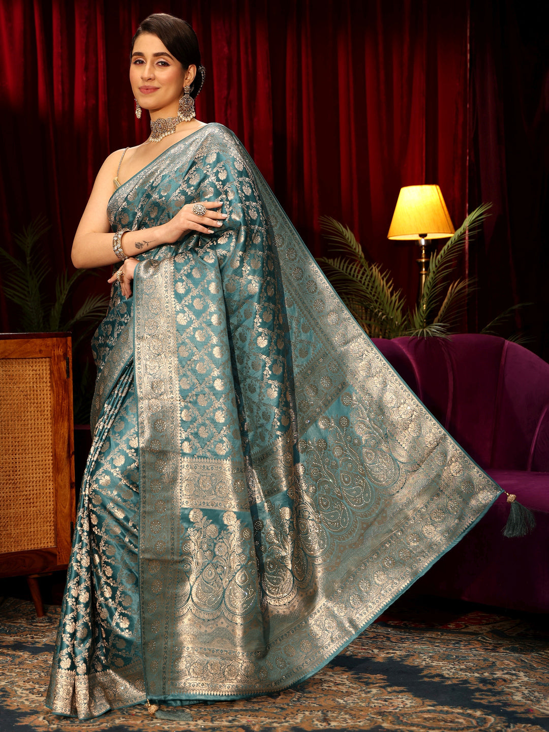  Libas Dusty Blue Embellished Floral Designs Brocade Saree 