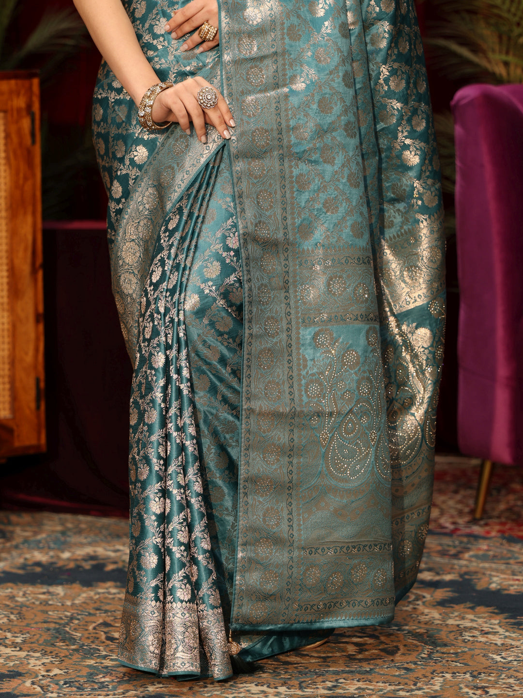  Libas Dusty Blue Embellished Floral Designs Brocade Saree 