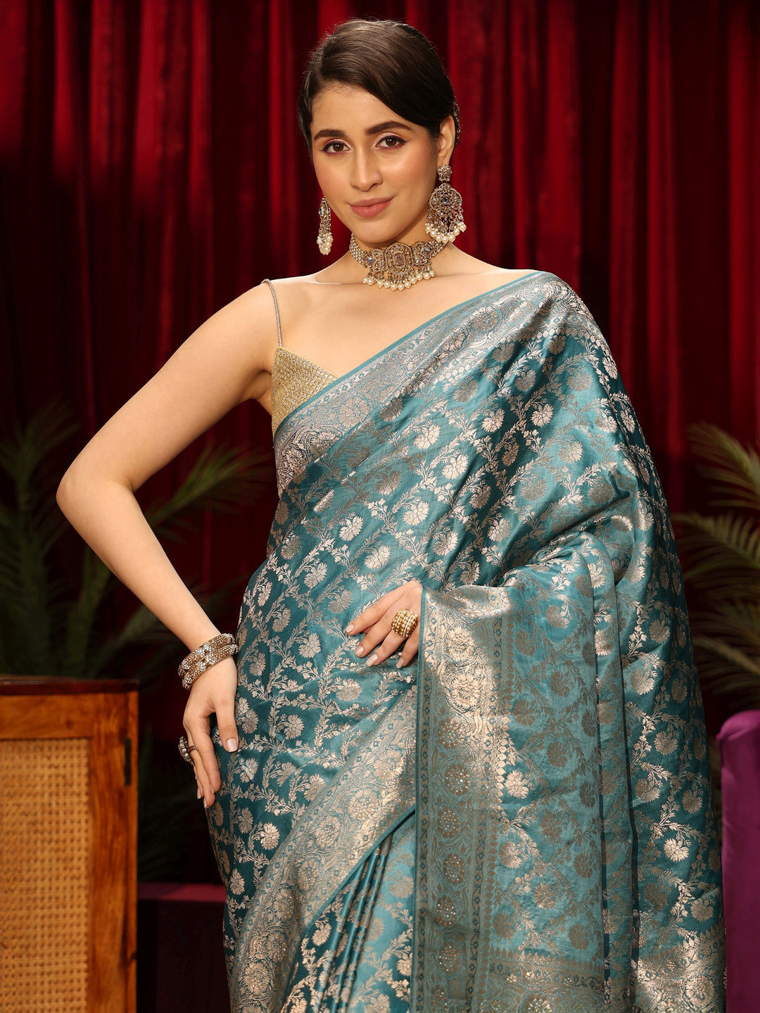  Libas Dusty Blue Embellished Floral Designs Brocade Saree 