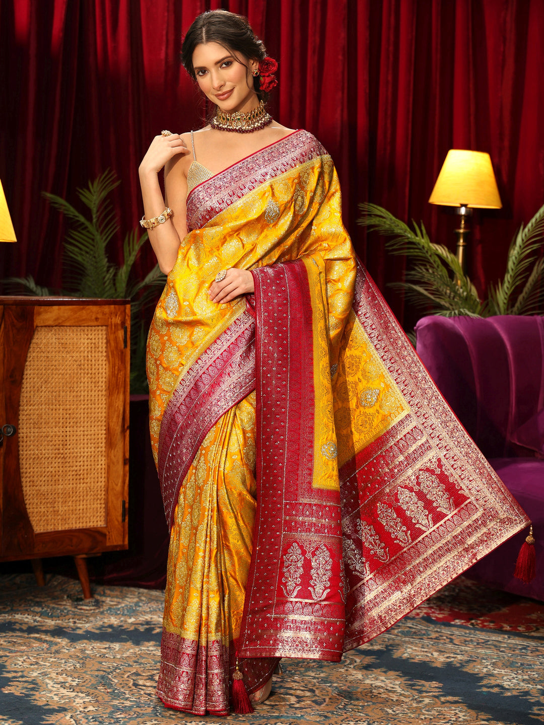  Libas Art Mustard Woven Design Silk Blend Saree with Stone Work 