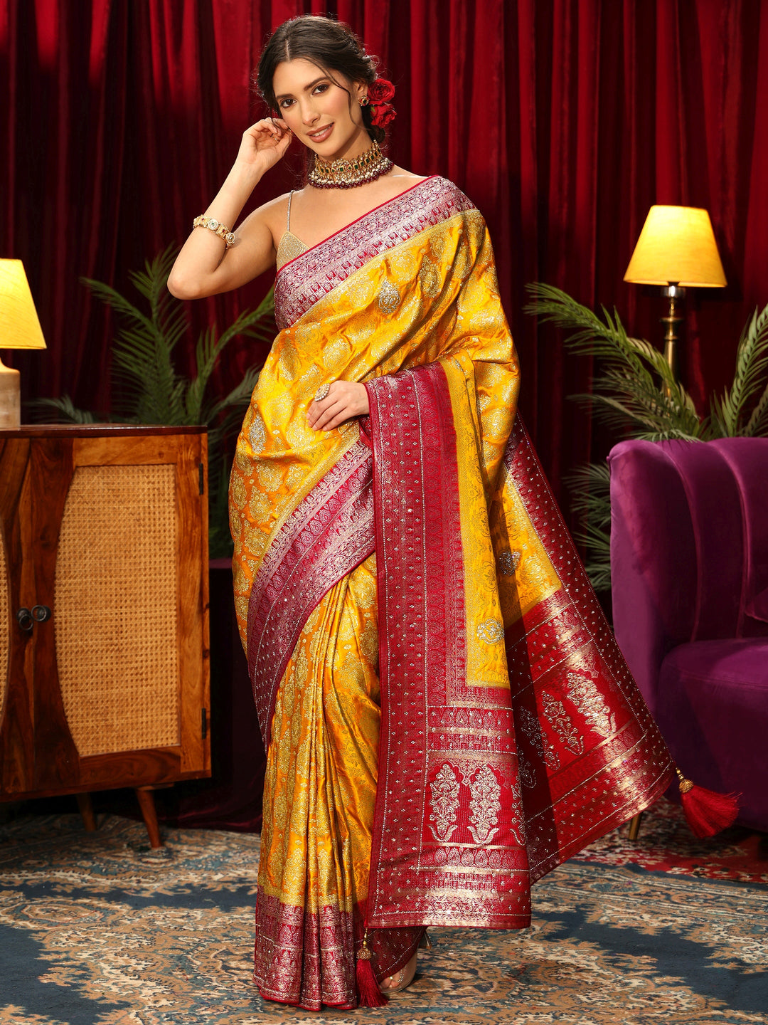  Libas Art Mustard Woven Design Silk Blend Saree with Stone Work 
