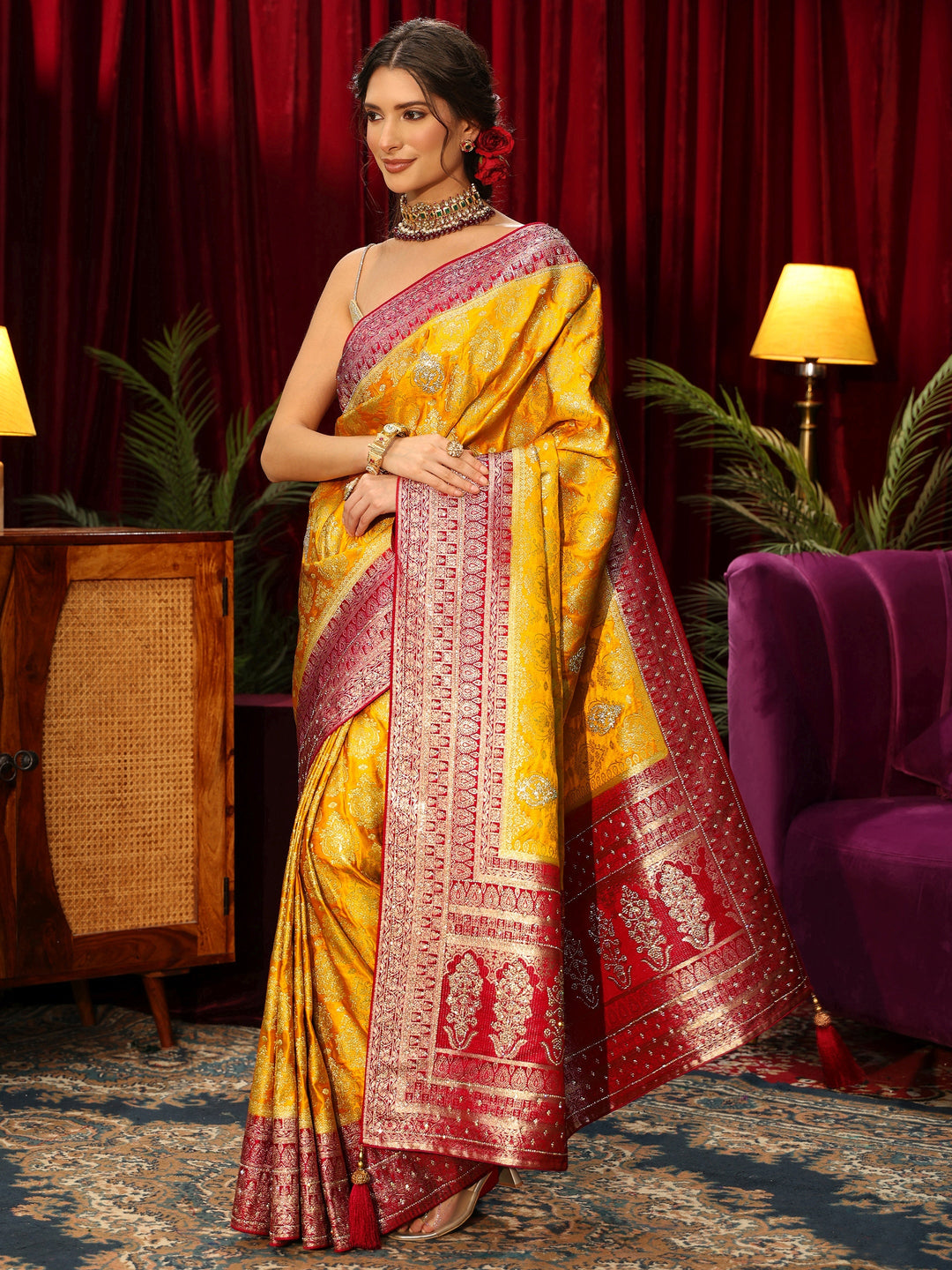  Libas Art Mustard Woven Design Silk Blend Saree with Stone Work 