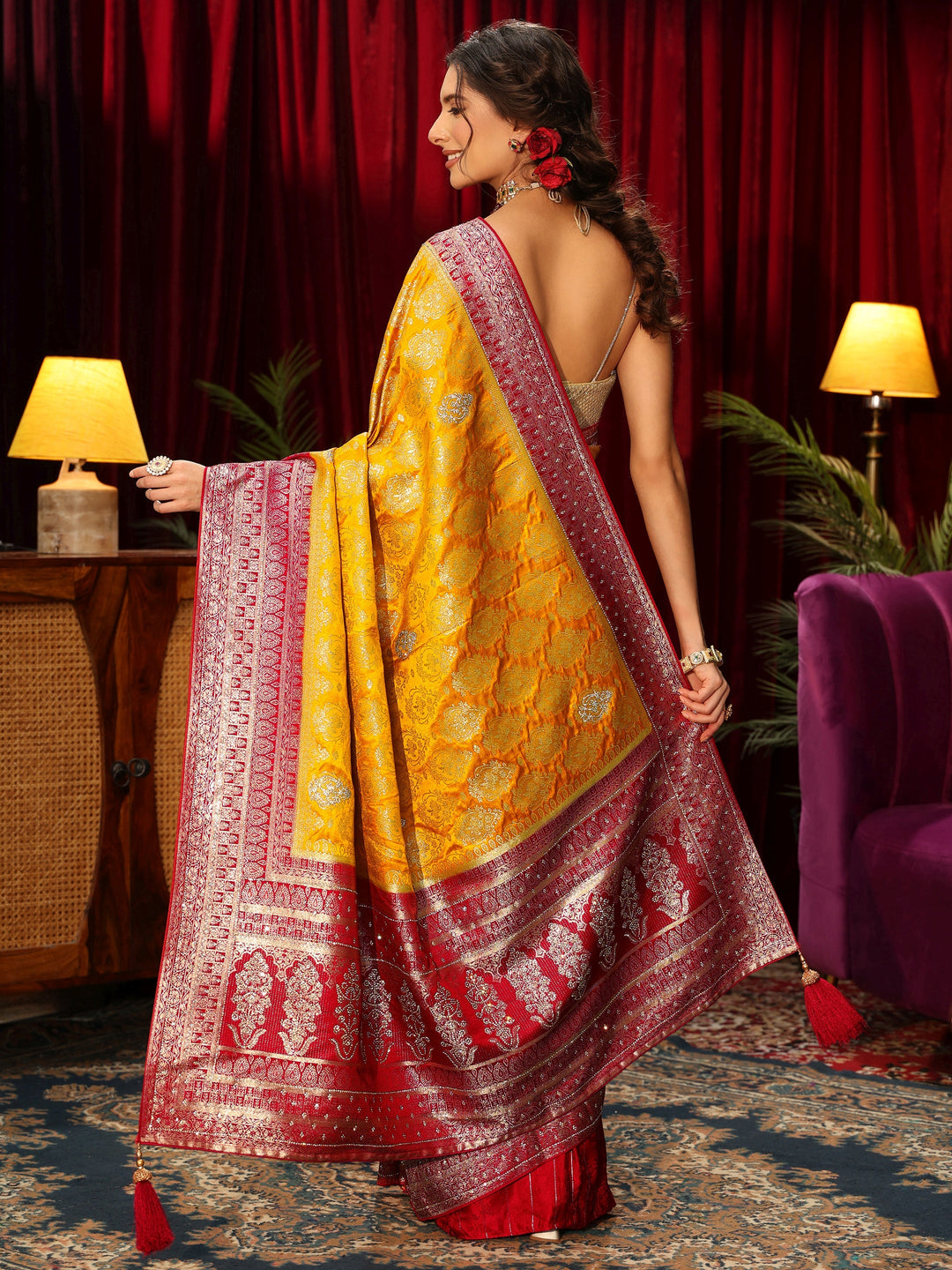  Libas Art Mustard Woven Design Silk Blend Saree with Stone Work 