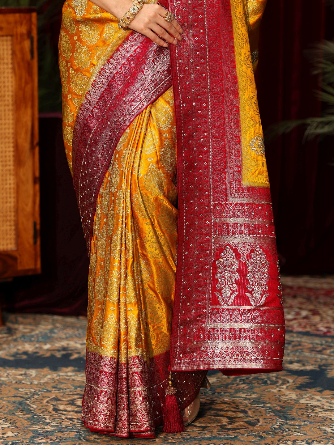  Libas Art Mustard Woven Design Silk Blend Saree with Stone Work 