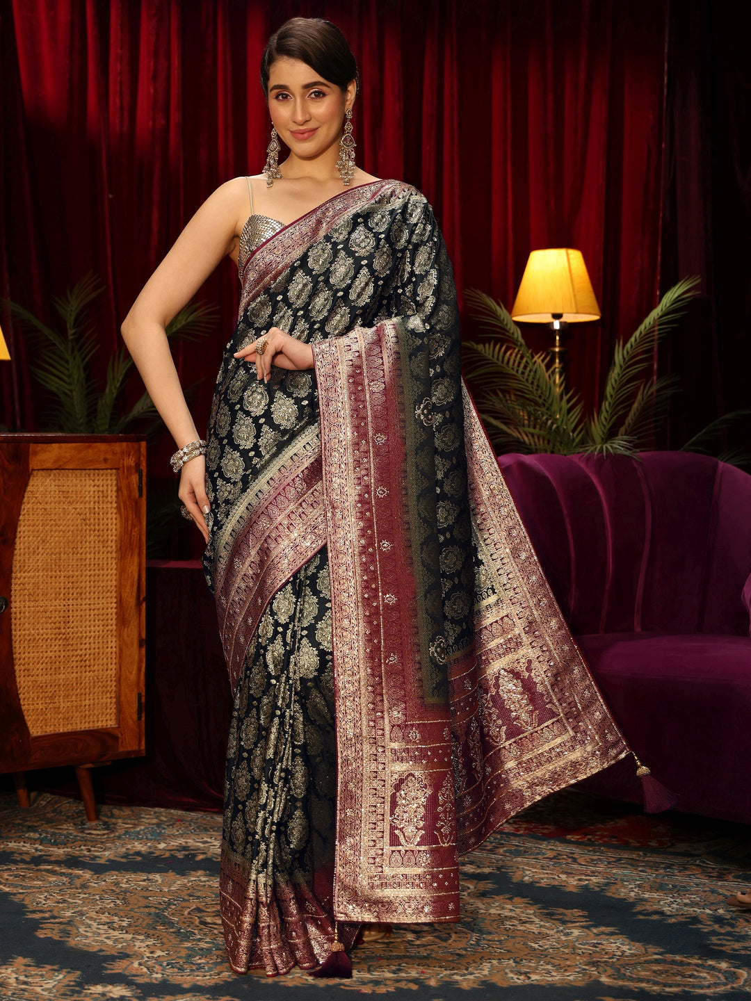  Libas Art Midnight Blue Woven Design Embellished Silk Blend Saree 
