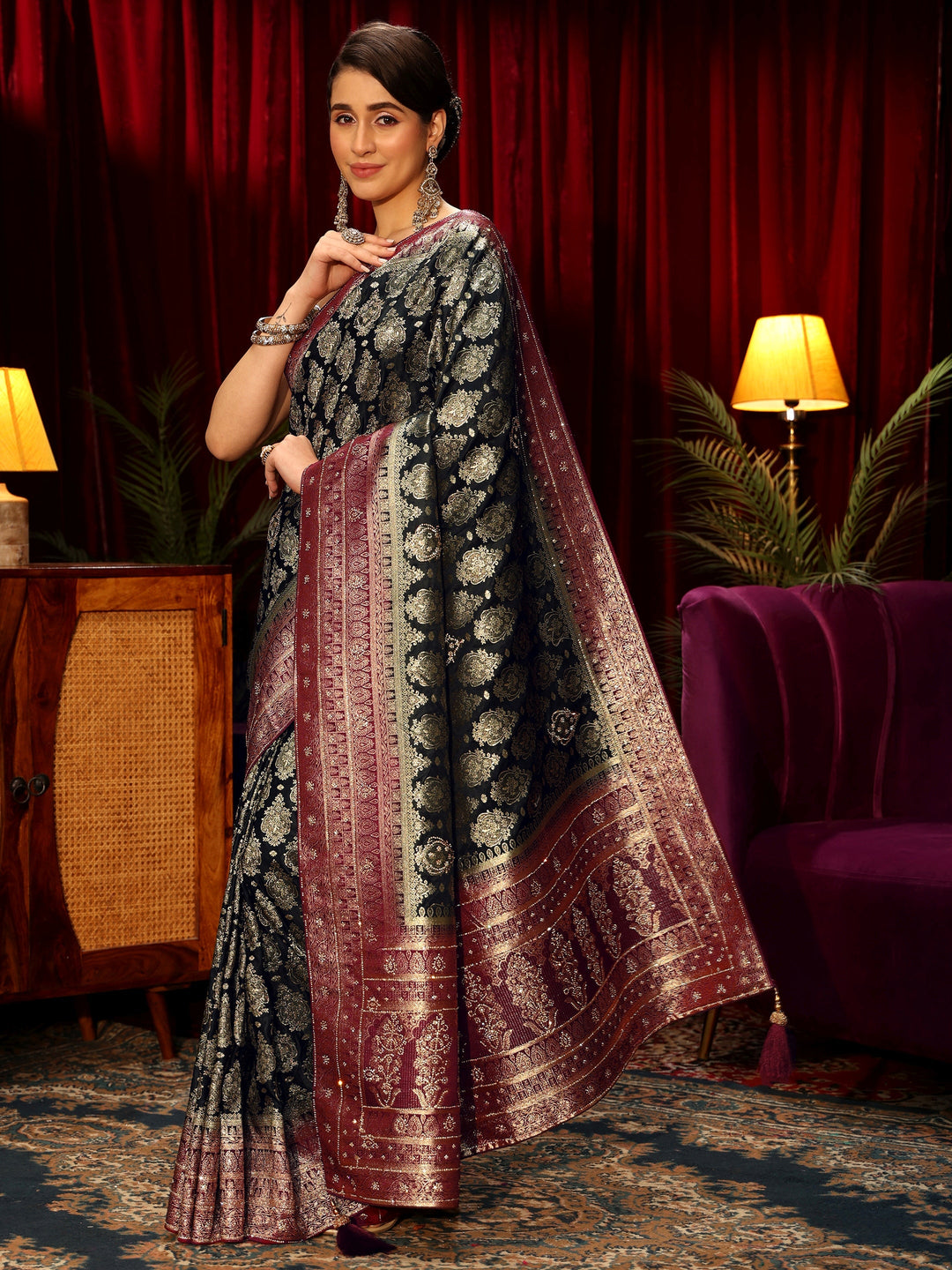  Libas Art Midnight Blue Woven Design Embellished Silk Blend Saree 