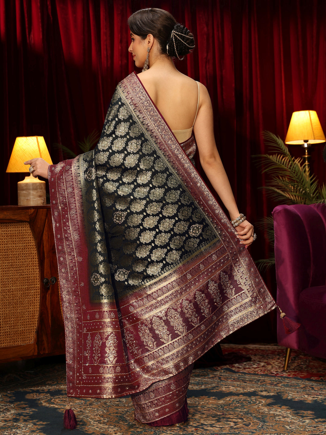  Libas Art Midnight Blue Woven Design Embellished Silk Blend Saree 