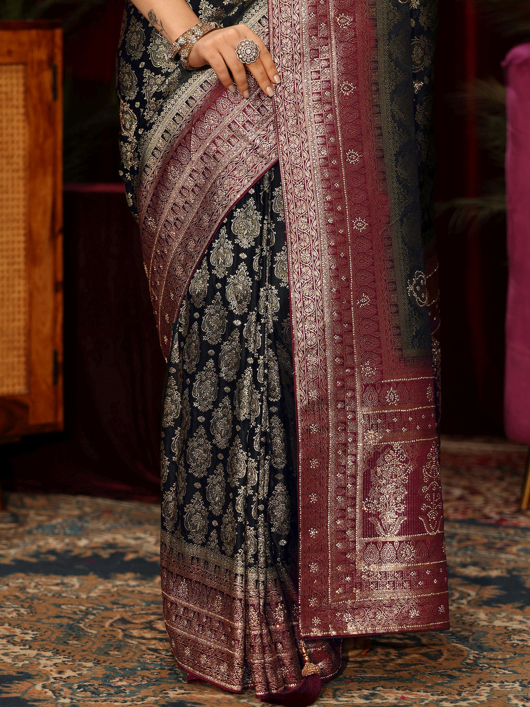  Libas Art Midnight Blue Woven Design Embellished Silk Blend Saree 