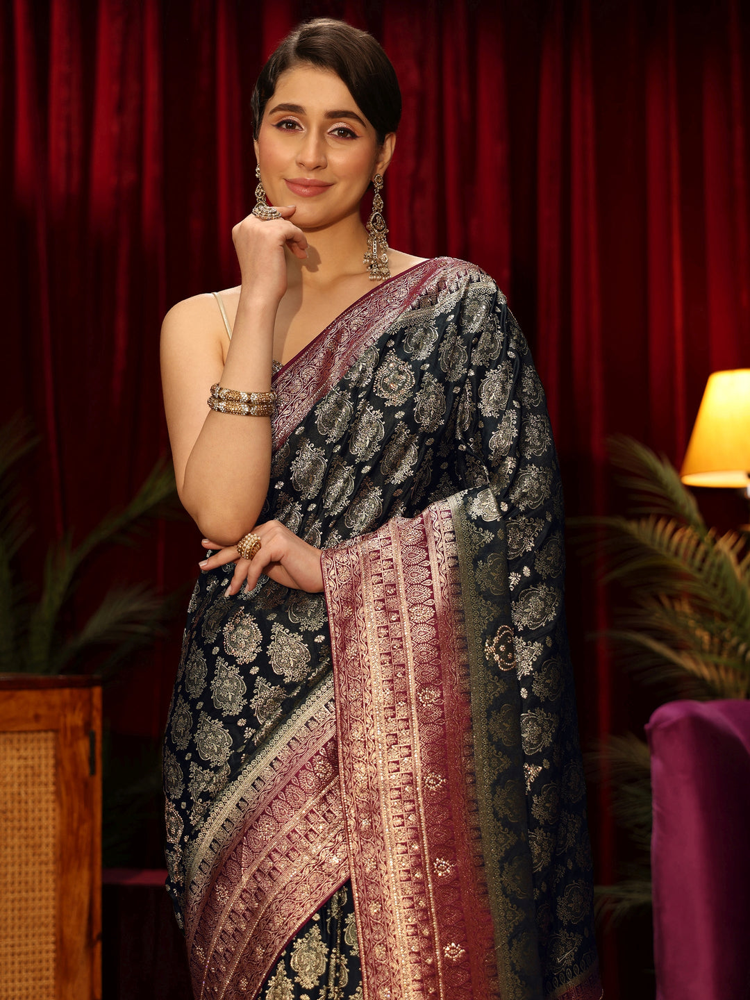  Libas Art Midnight Blue Woven Design Embellished Silk Blend Saree 