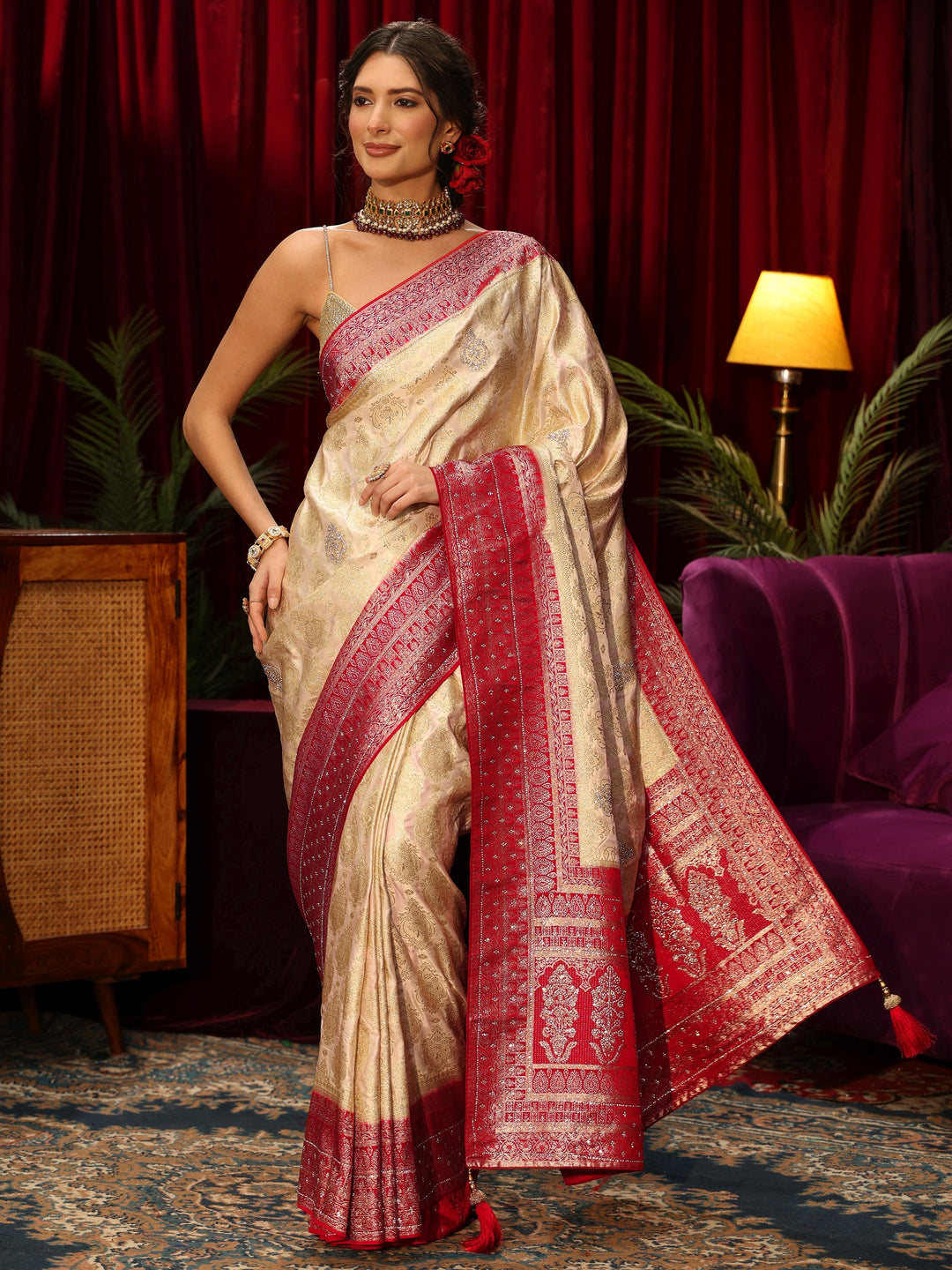  Libas Art Cream Woven Design Silk Blend Saree with Stone Work 