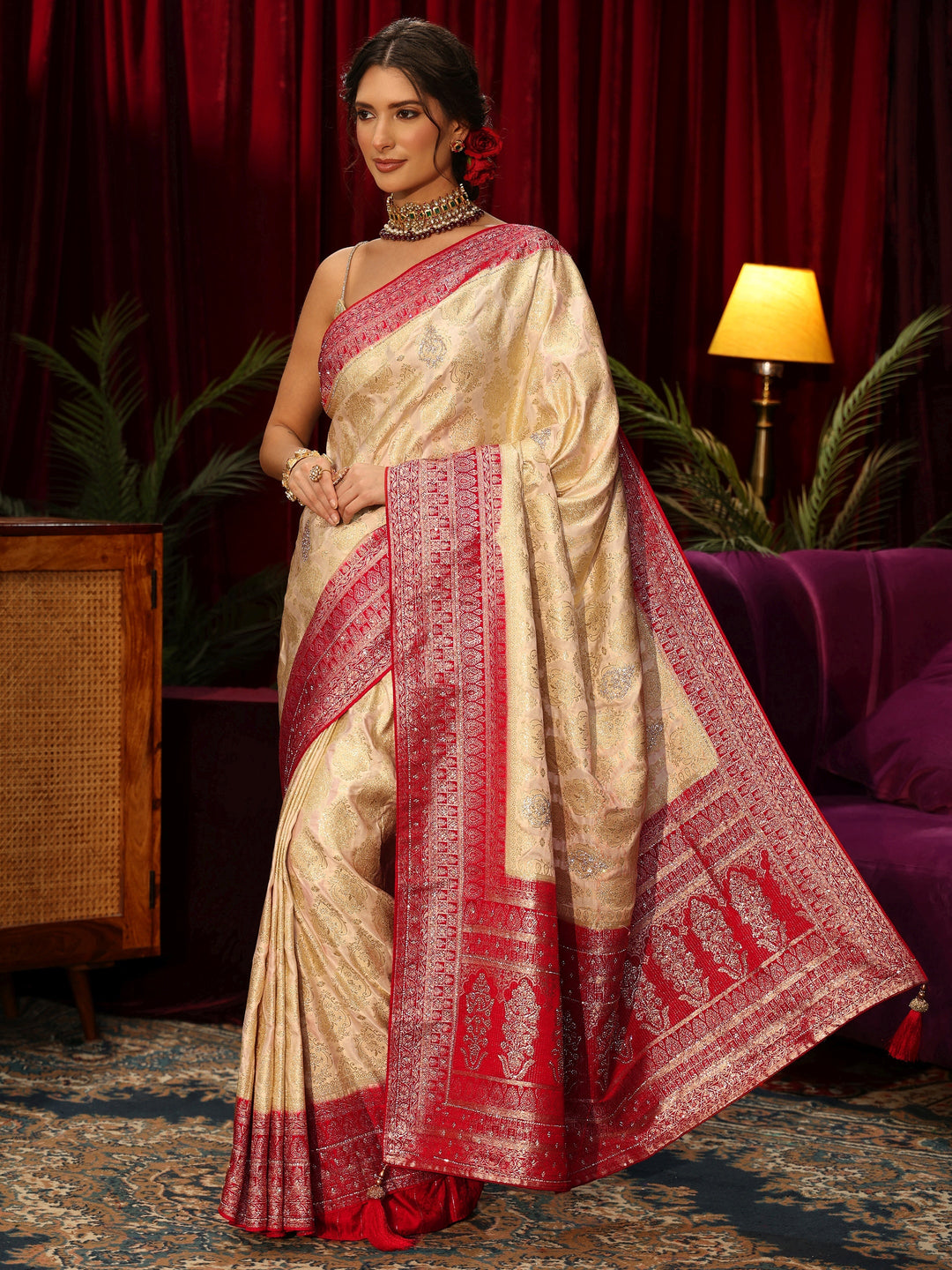  Libas Art Cream Woven Design Silk Blend Saree with Stone Work 