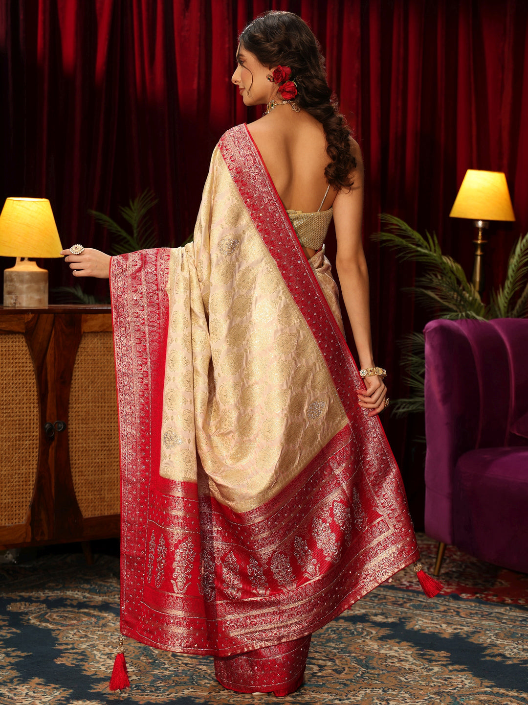  Libas Art Cream Woven Design Silk Blend Saree with Stone Work 