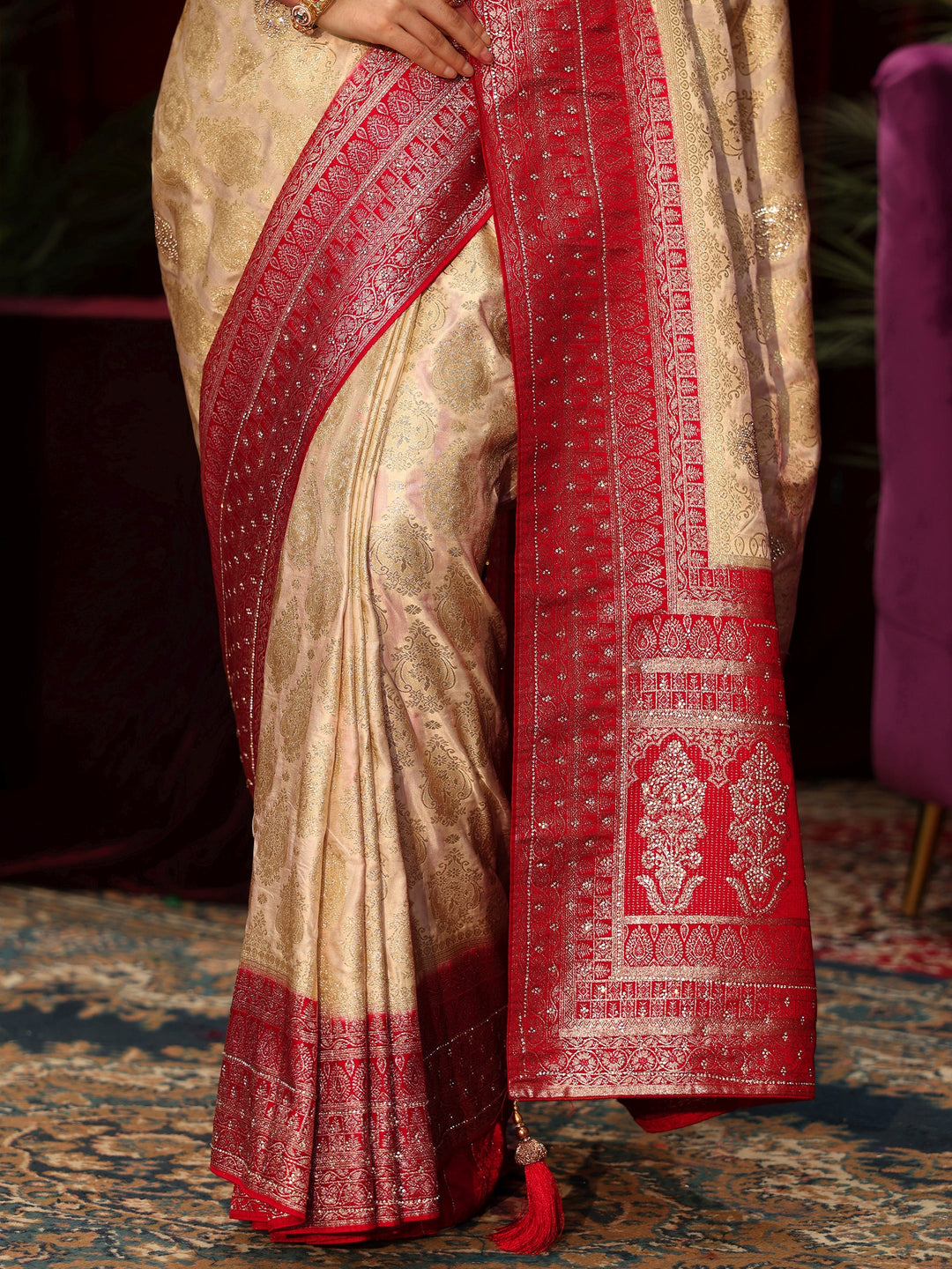  Libas Art Cream Woven Design Silk Blend Saree with Stone Work 