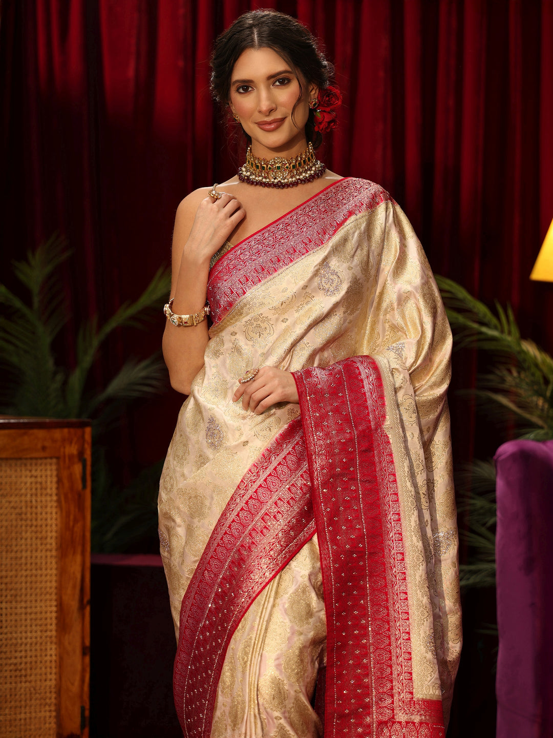  Libas Art Cream Woven Design Silk Blend Saree with Stone Work 