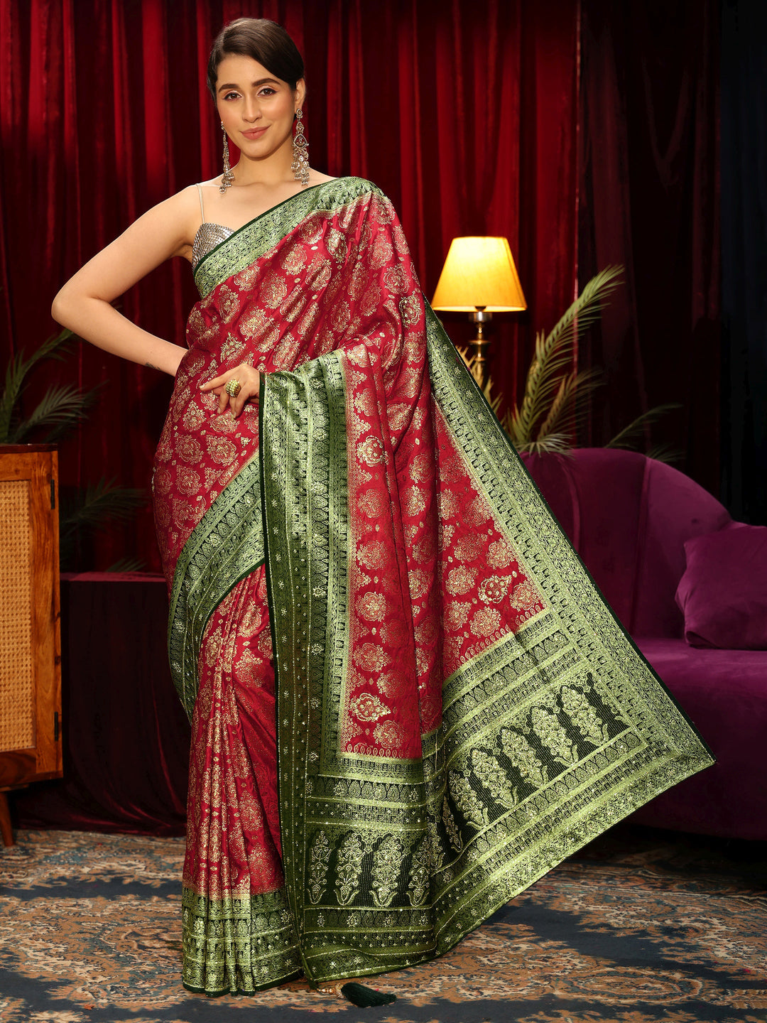  Libas Art Red Woven Design Embellished Silk Blend Saree 