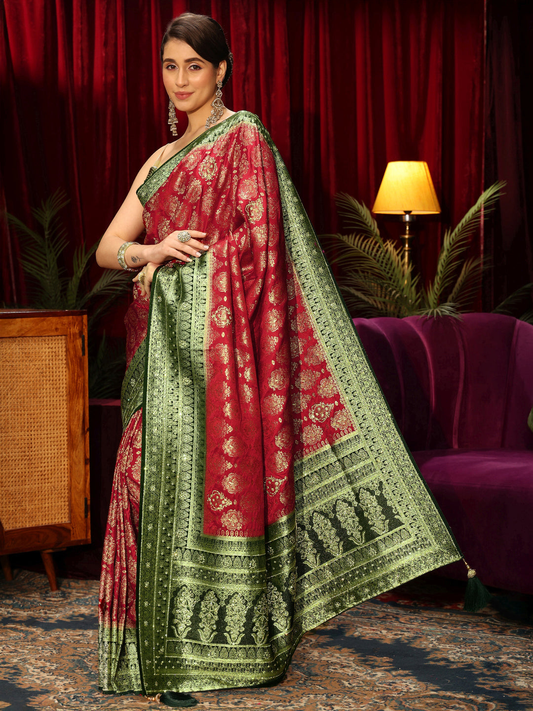  Libas Art Red Woven Design Embellished Silk Blend Saree 