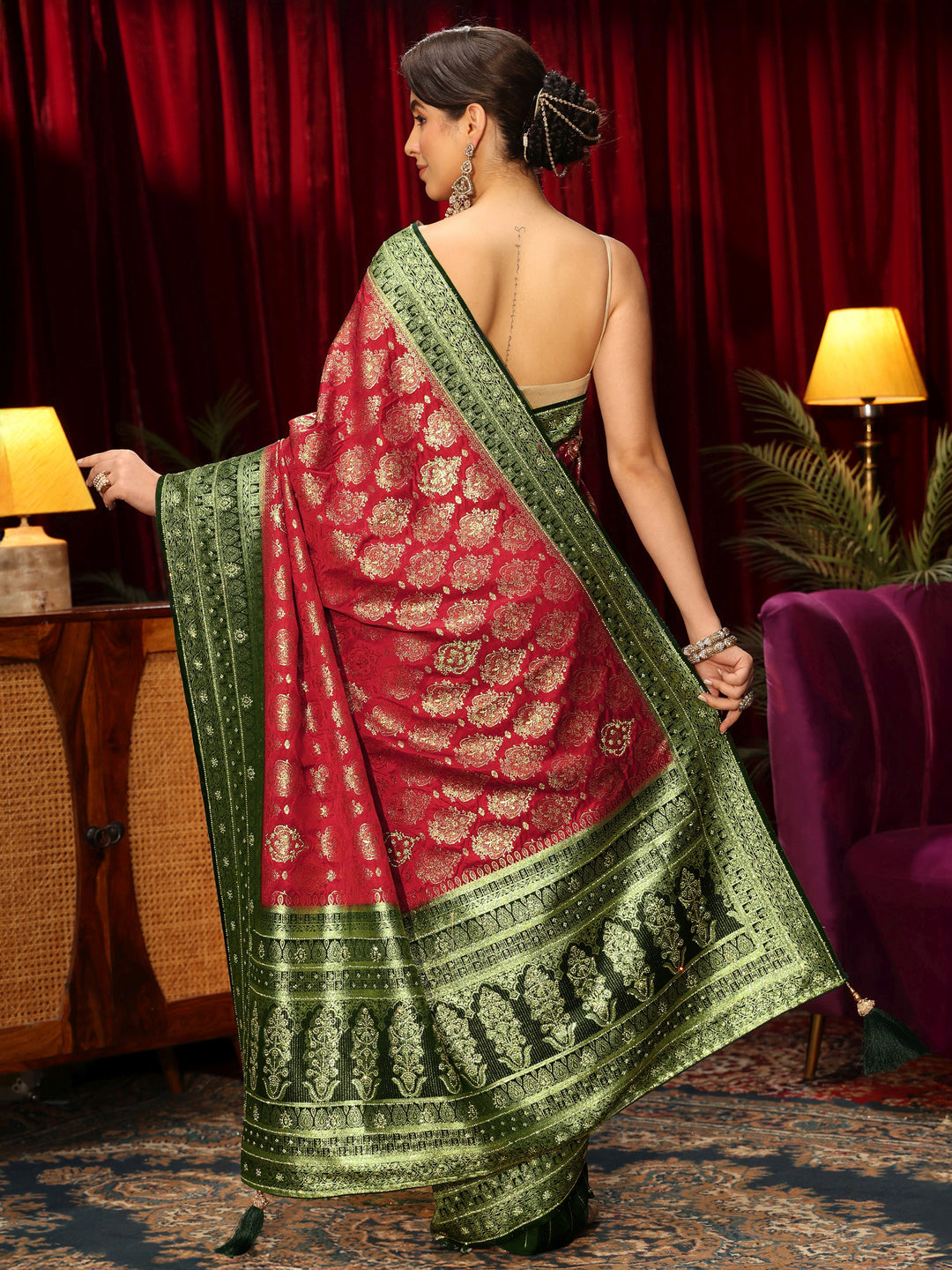 Libas Art Red Woven Design Embellished Silk Blend Saree 