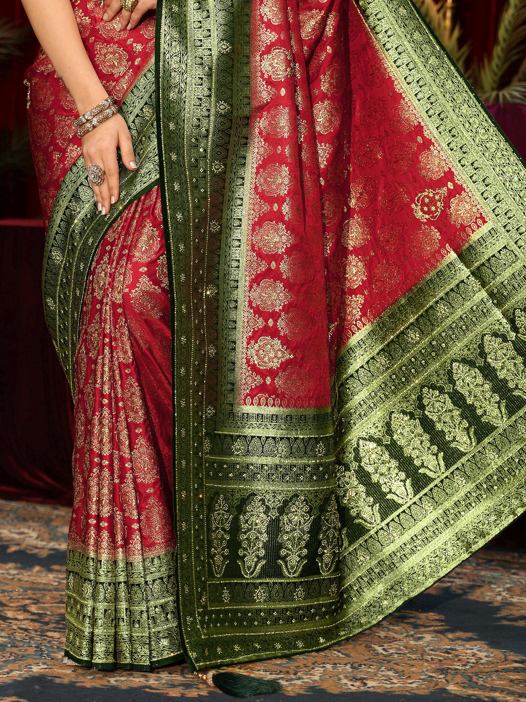 Libas Art Red Woven Design Embellished Silk Blend Saree 