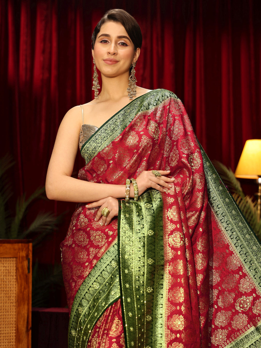  Libas Art Red Woven Design Embellished Silk Blend Saree 