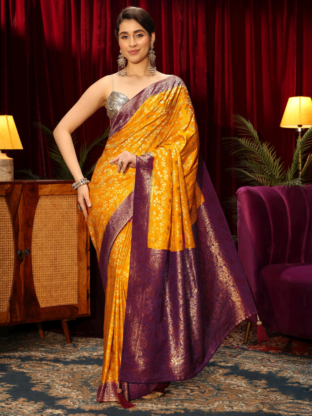  Libas Mustard Woven Design Stone Embellished Satin Saree 