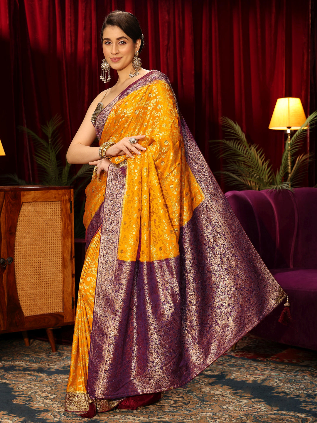  Libas Mustard Woven Design Stone Embellished Satin Saree 