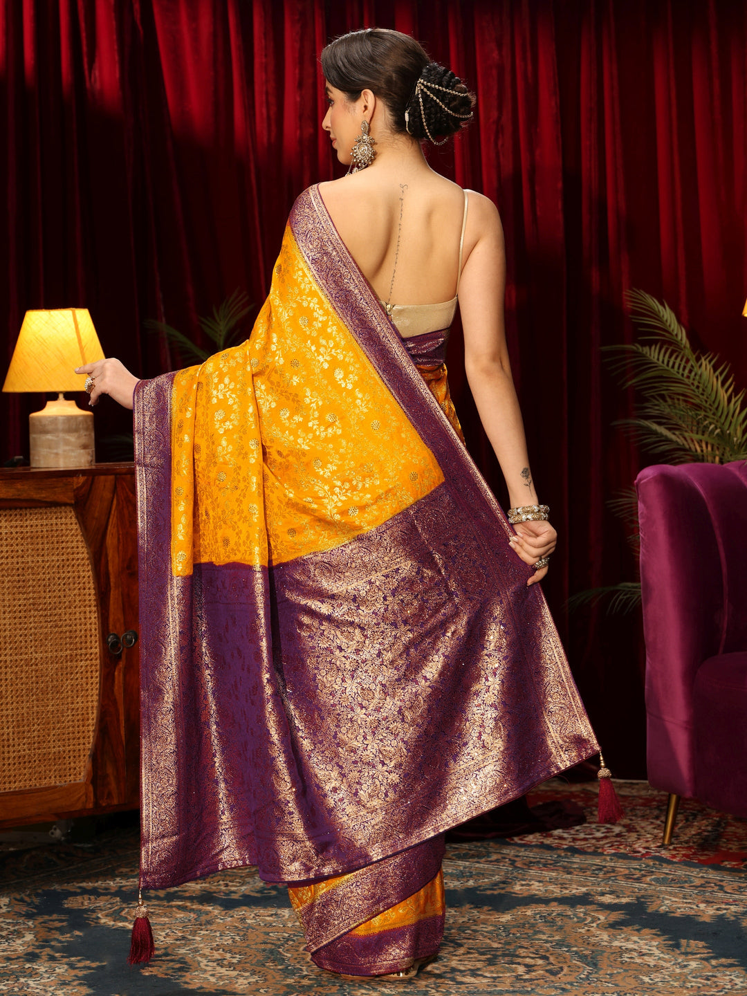  Libas Mustard Woven Design Stone Embellished Satin Saree 