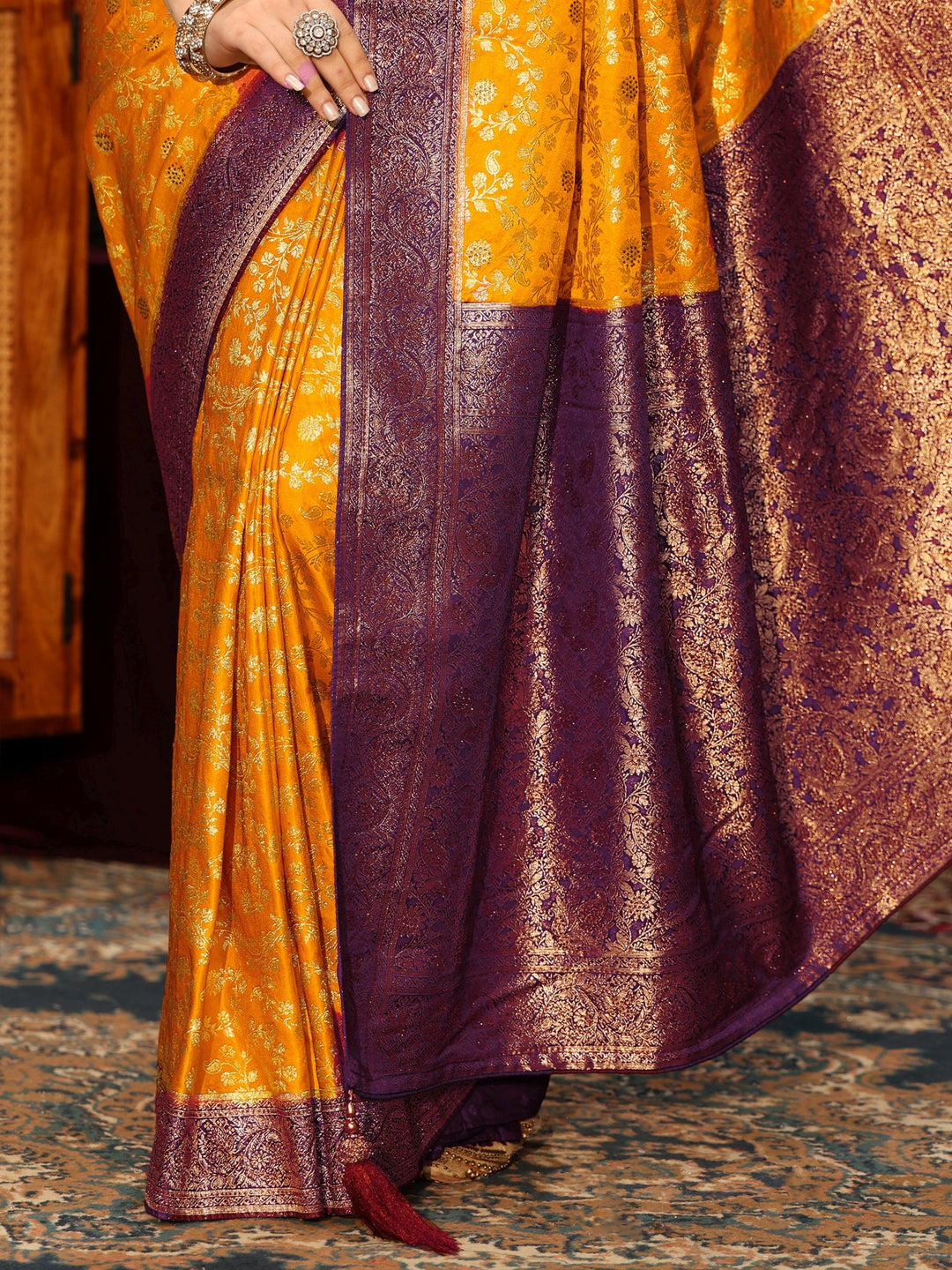  Libas Mustard Woven Design Stone Embellished Satin Saree 