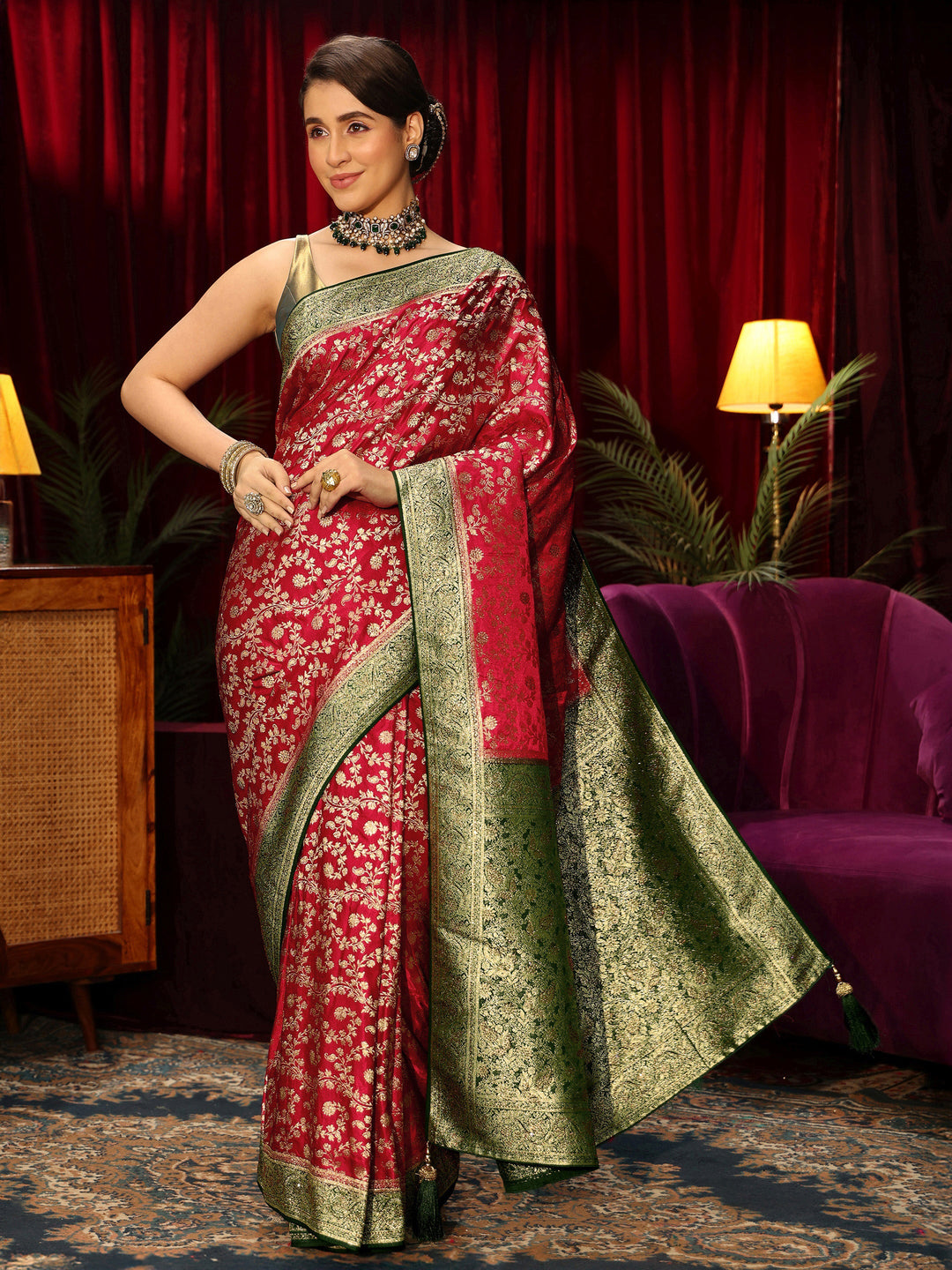  Libas Red Woven Design Stone Embellished Satin Saree 