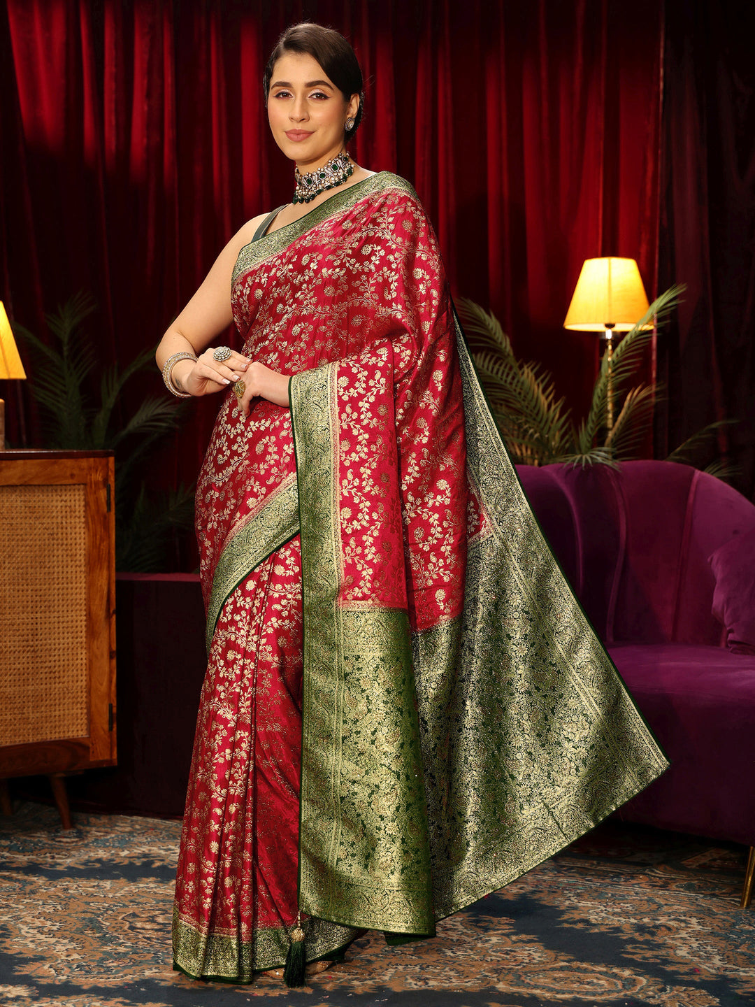  Libas Red Woven Design Stone Embellished Satin Saree 