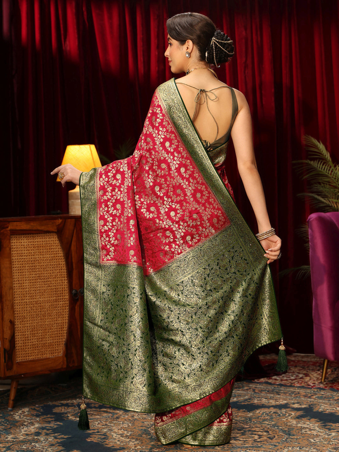  Libas Red Woven Design Stone Embellished Satin Saree 