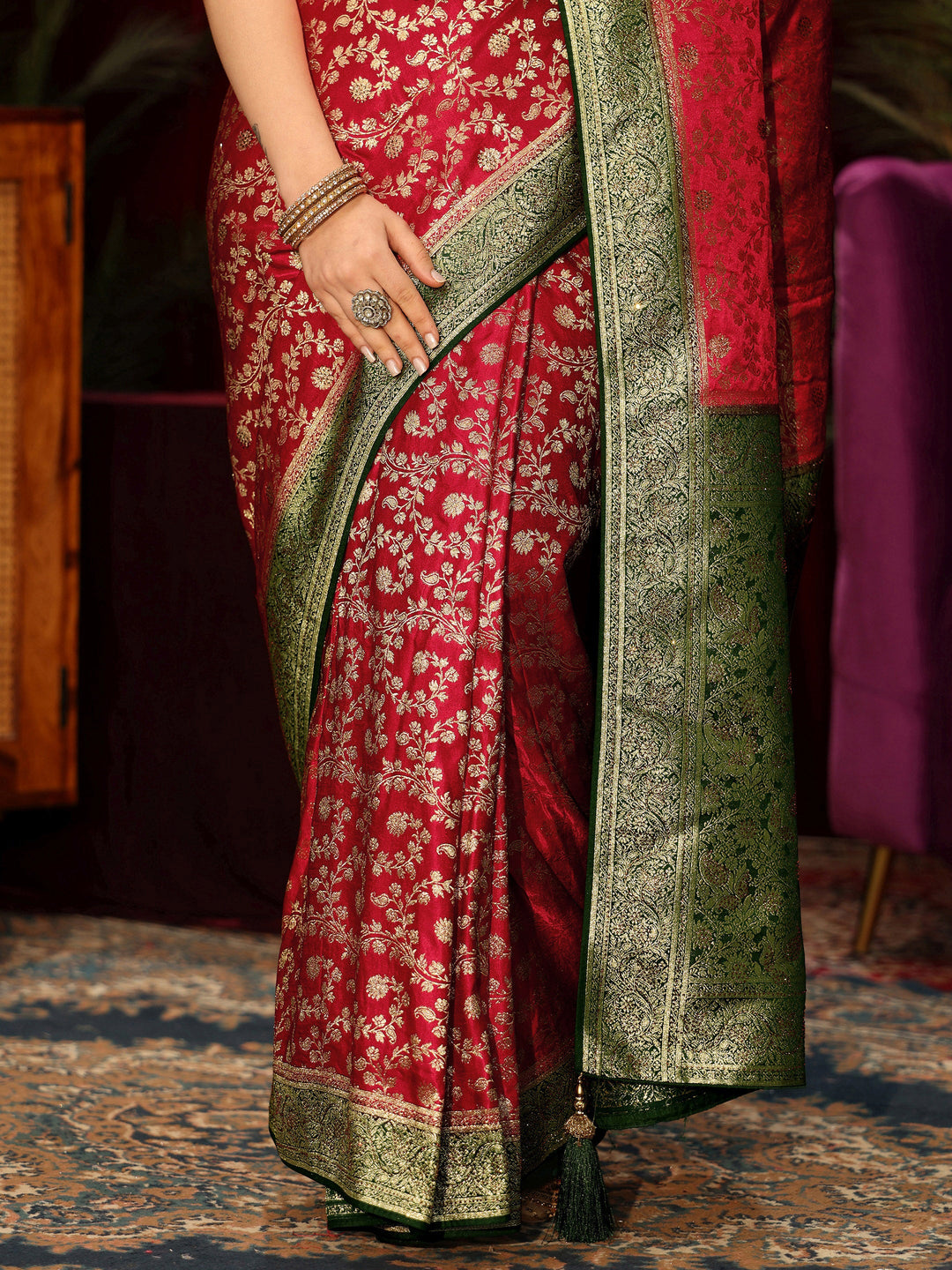  Libas Red Woven Design Stone Embellished Satin Saree 