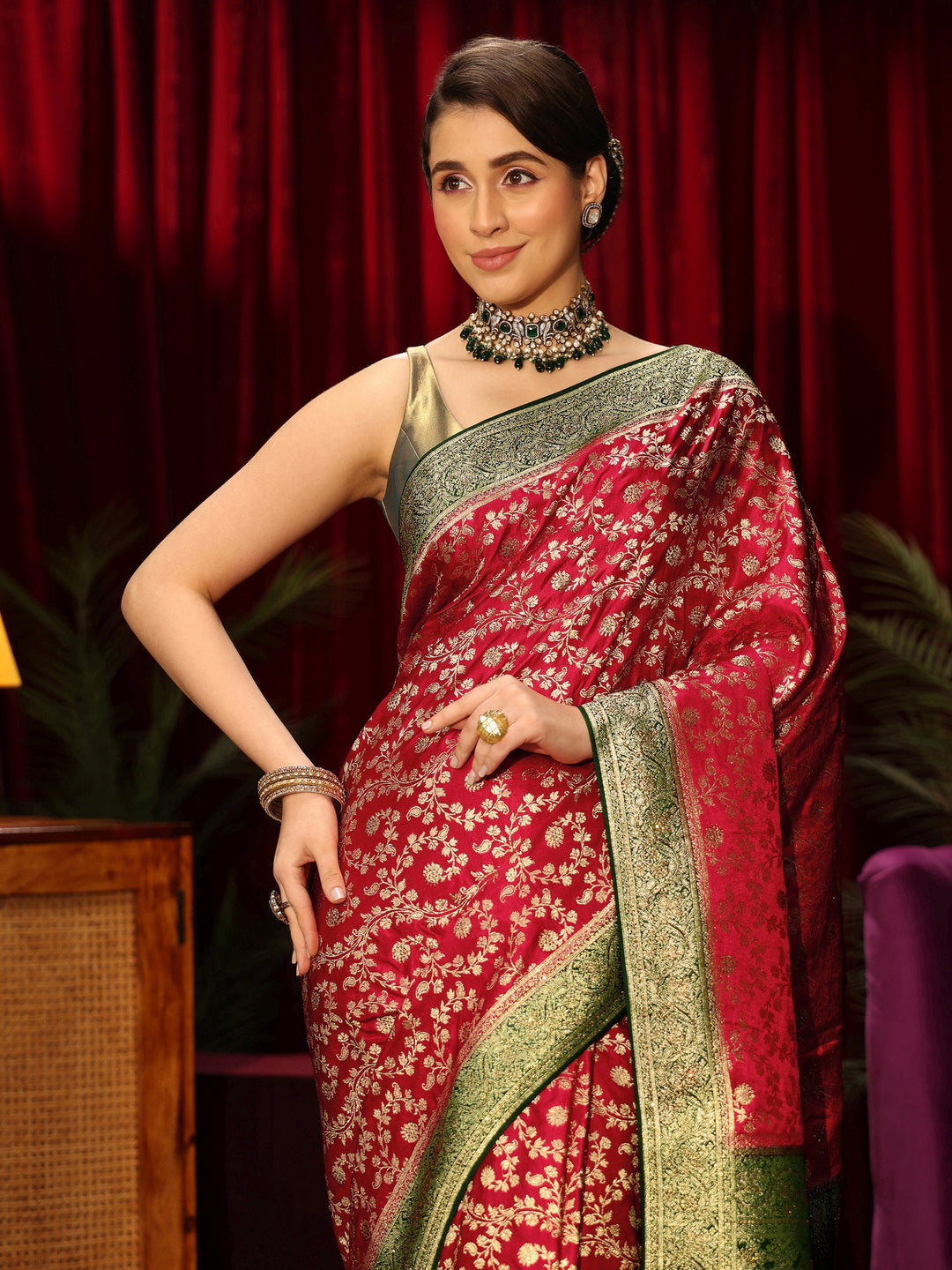  Libas Red Woven Design Stone Embellished Satin Saree 