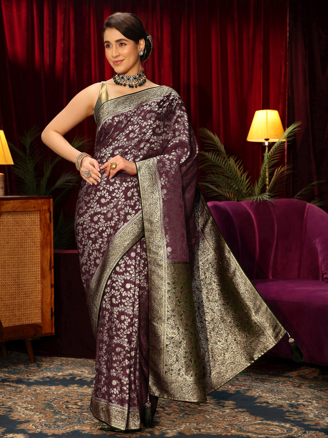  Libas Maroon Floral Woven Design Stone Embellished Satin Saree 