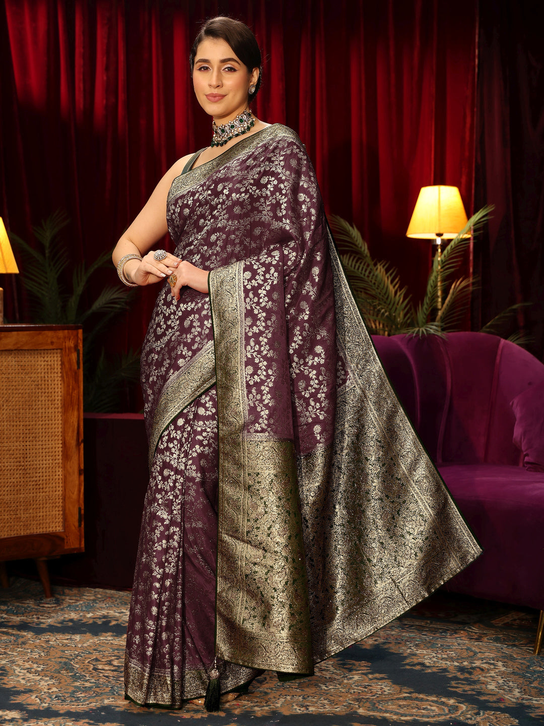  Libas Maroon Floral Woven Design Stone Embellished Satin Saree 