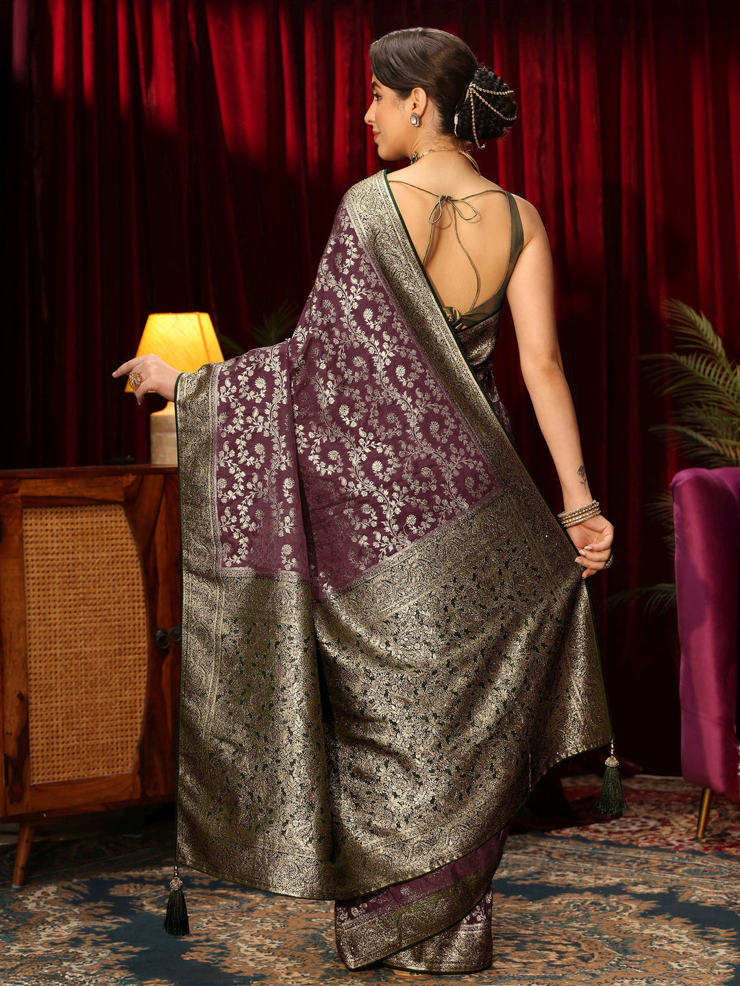 Libas Maroon Floral Woven Design Stone Embellished Satin Saree 