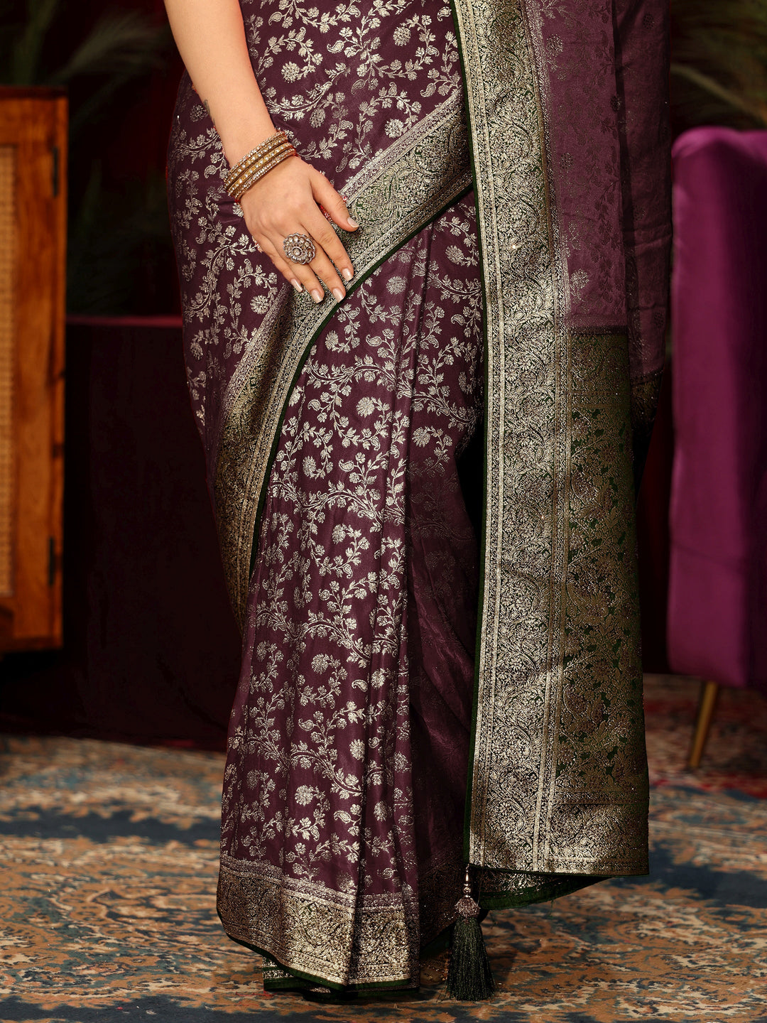  Libas Maroon Floral Woven Design Stone Embellished Satin Saree 